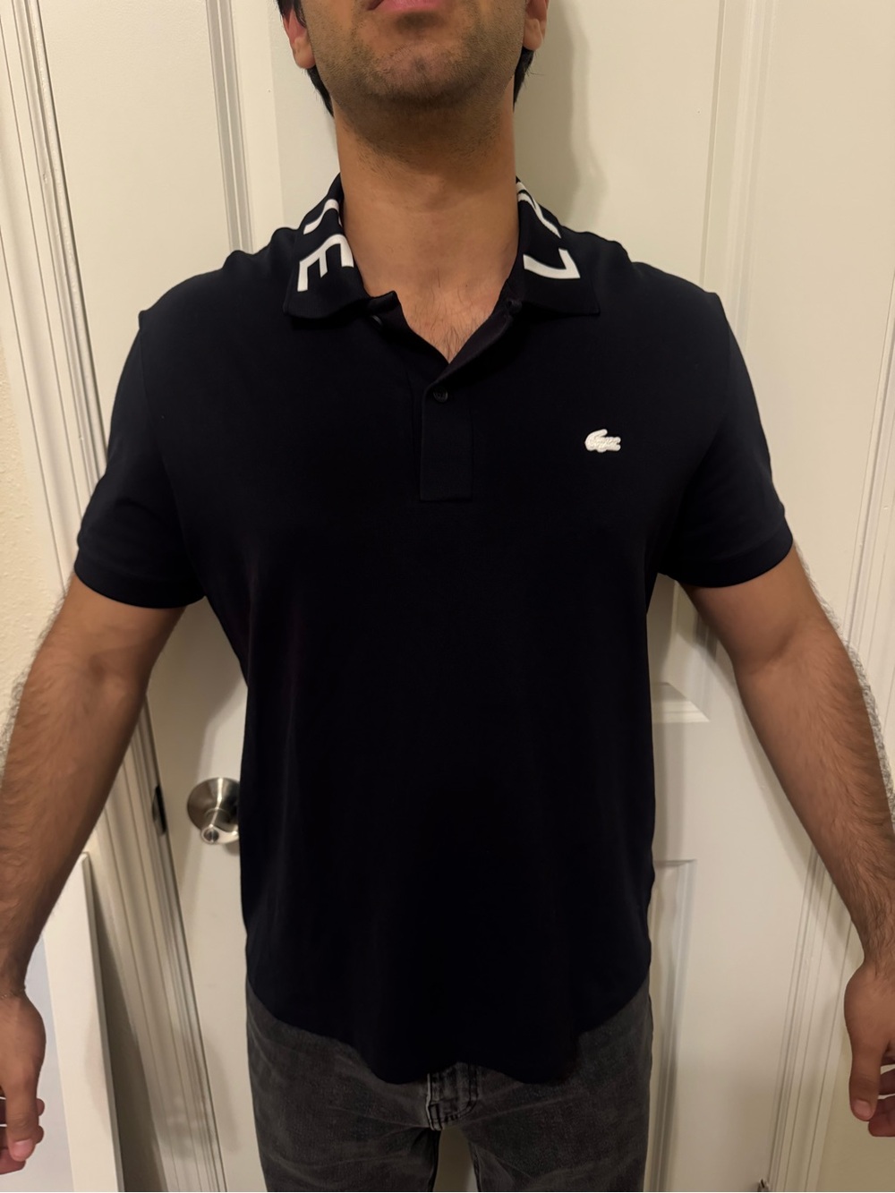Lacoste Men’s Black Polo with White Logo and Contrast Collar